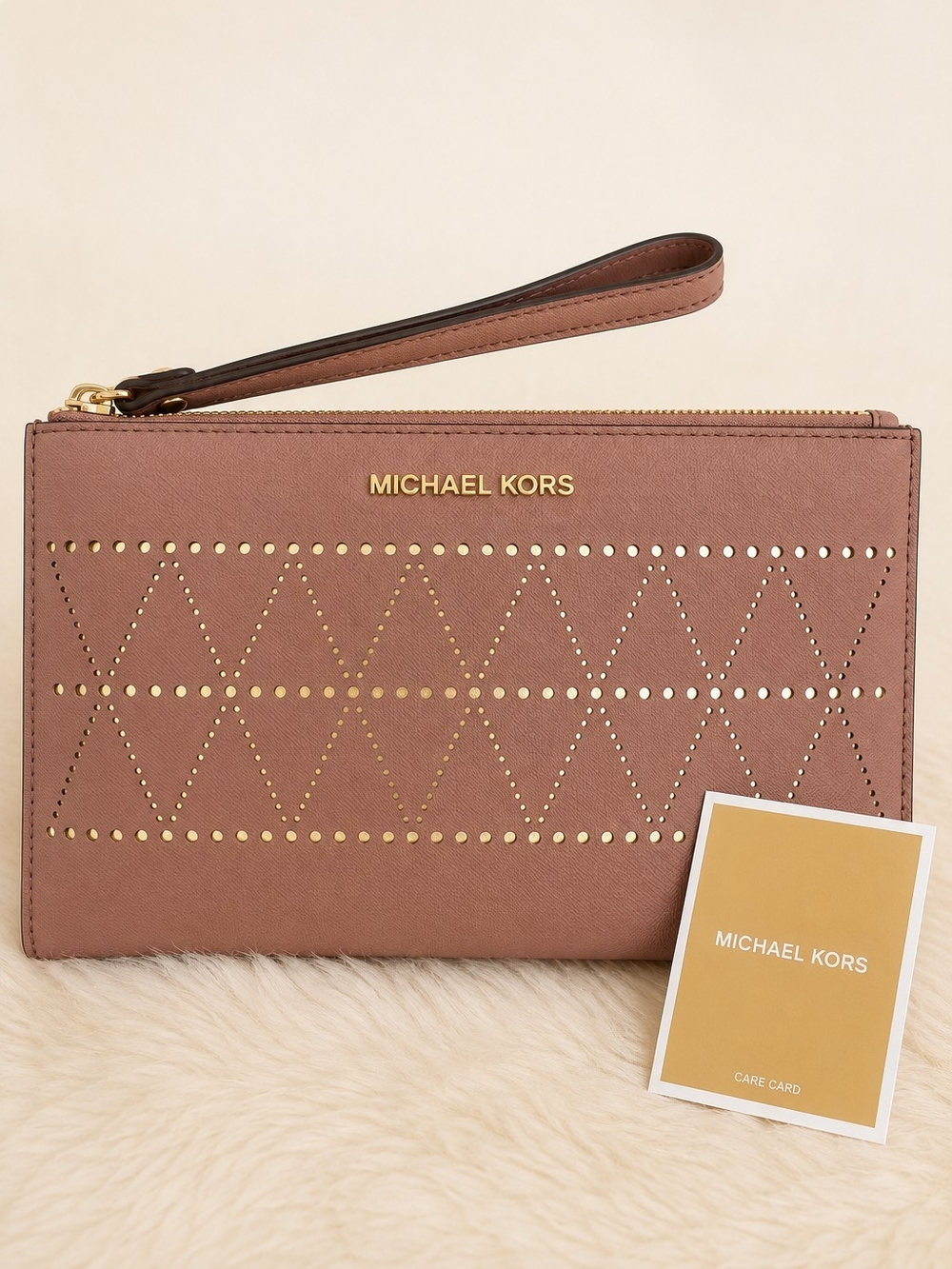 Michael Kors Large Blush Pink Laser Cut Gold Metallic Zip Wristlet Clutch Wallet